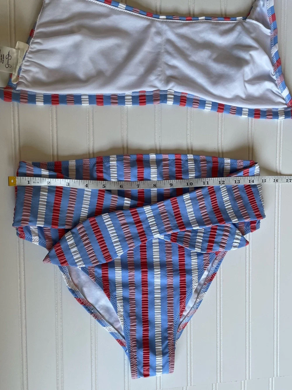 Jessica Bikini Retro Scoop Top HR Tie Waist Bottom Crinkle Sunset Stripe Large